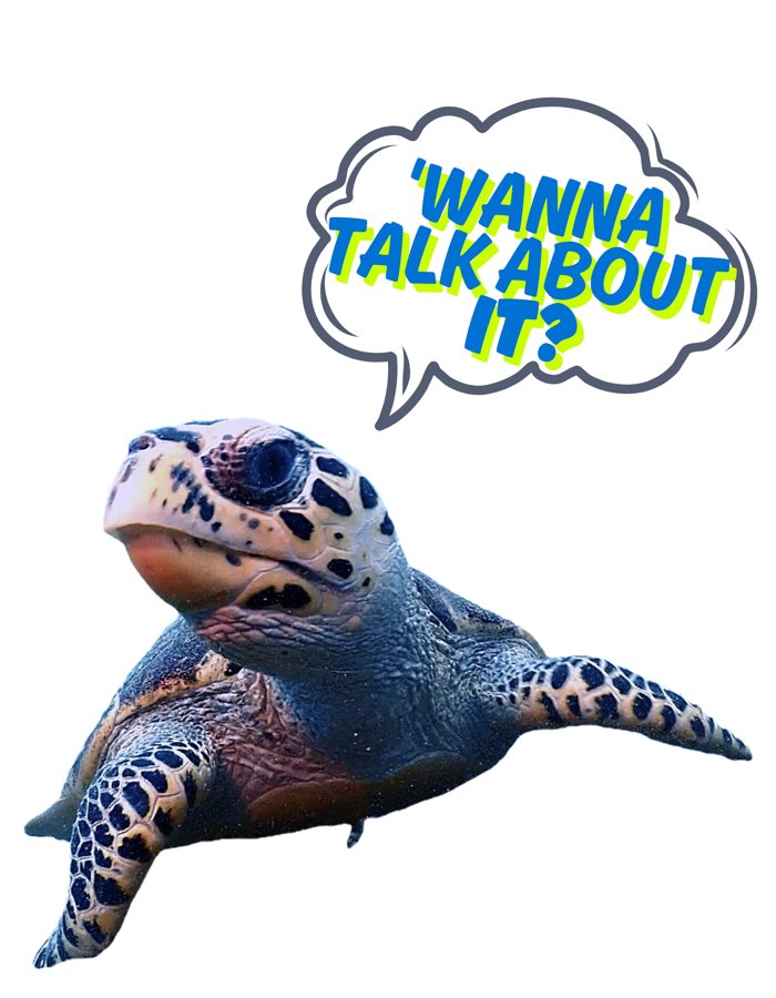 Wanna talk about it? A sea turtle with a speech bubble